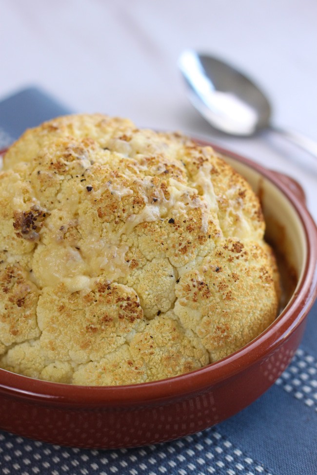 Whole roasted cauliflower cheese - you get the beautiful flavour of the roasted cauliflower, and just enough cheese sauce to feel like a treat without ruining your diet!