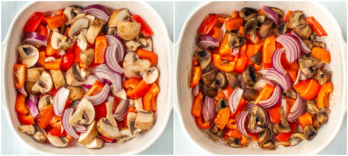Mediterranean vegetables in a baking dish before and after roasting.