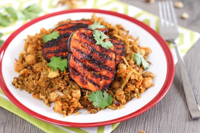 Moroccan freekeh with harissa aubergine - a super tasty vegan meal in just 30 minutes!