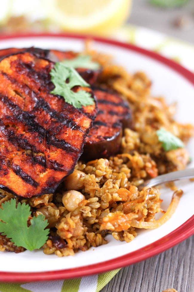 Moroccan freekeh with harissa aubergine - a super tasty vegan meal in just 30 minutes!