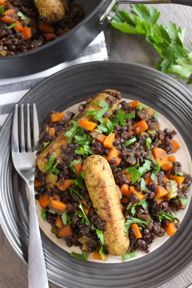 Sausage and puy lentil vegetarian cassoulet - a veggie version of the classic French dish. On the table in half an hour!