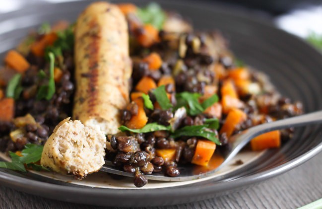 Sausage and puy lentil vegetarian cassoulet - a veggie version of the classic French dish. On the table in half an hour!