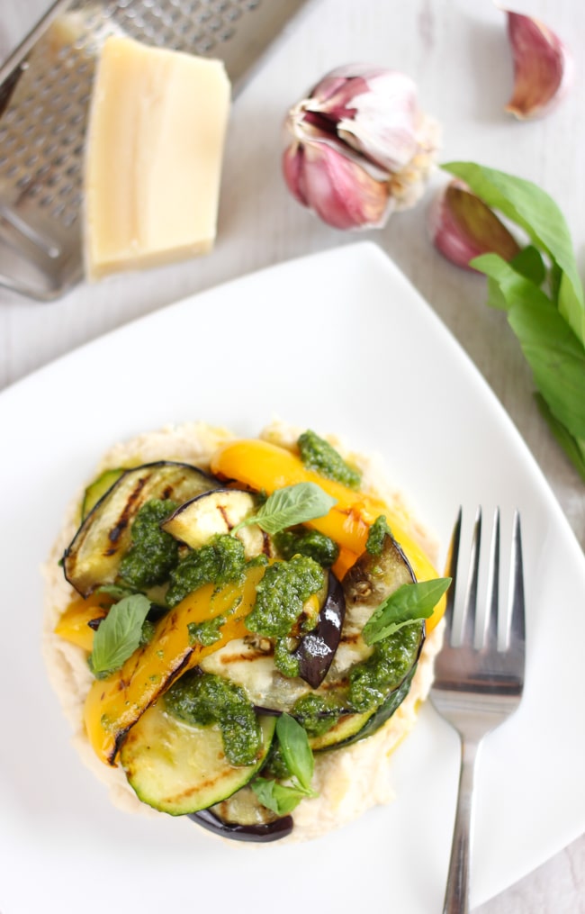 White bean mash with griddled vegetables and homemade pesto - a hearty dinner that's got amazing flavour.