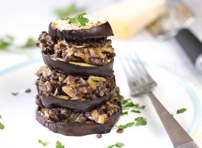 Creamy lentil and aubergine stack - simple to make, easy to stack, and very fun to knock over!