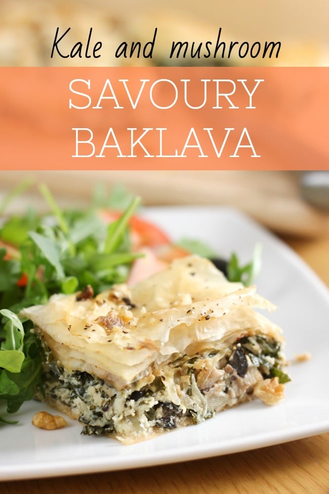 Kale and mushroom savoury baklava - crispy filo pastry stuffed with a creamy savoury filling, drizzled with honey and sprinkled with chopped nuts.