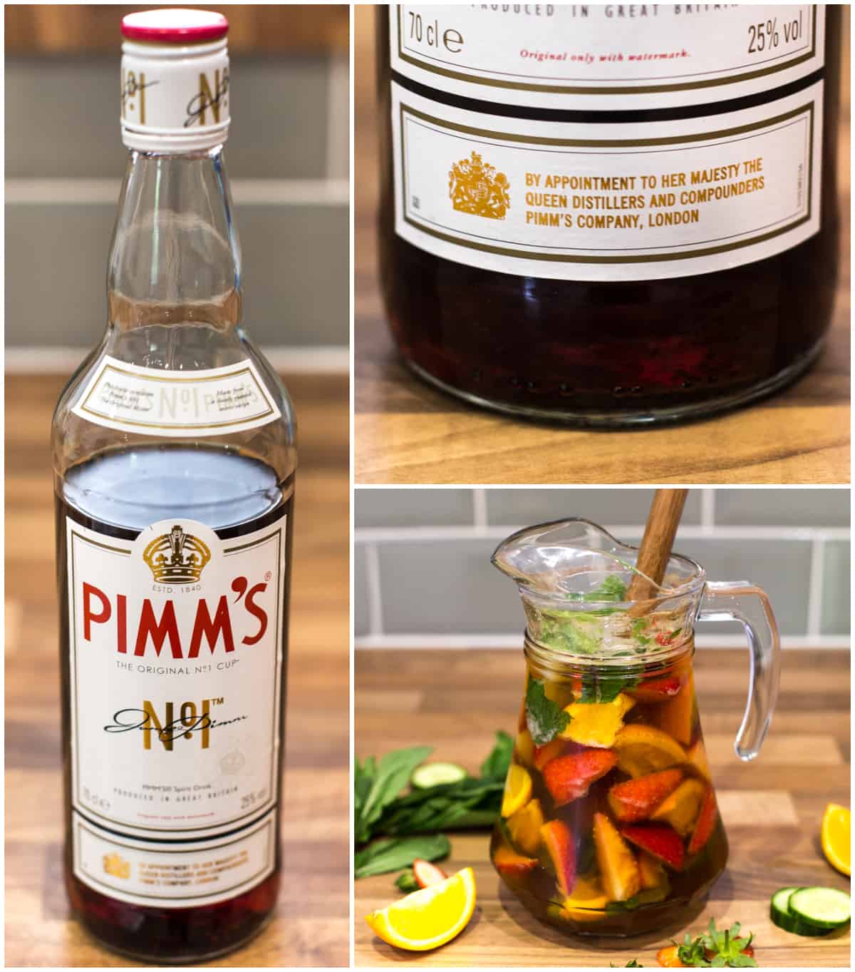 Collage showing a Pimm's bottle, the Queen's seal of approval, and a jug of Pimm's.