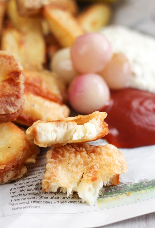 Beer battered halloumi with homemade pickled onions and homemade tartar sauce - a proper British street food feast!