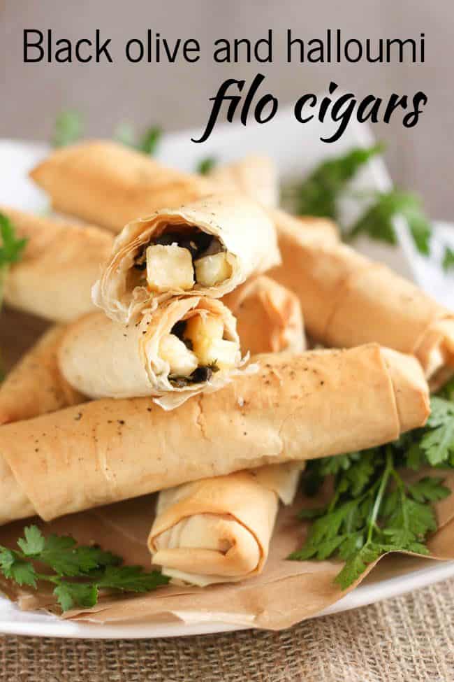 Black olive and halloumi filo cigars - these are so good for serving alongside a healthy salad to make it feel like a bit more of a treat!