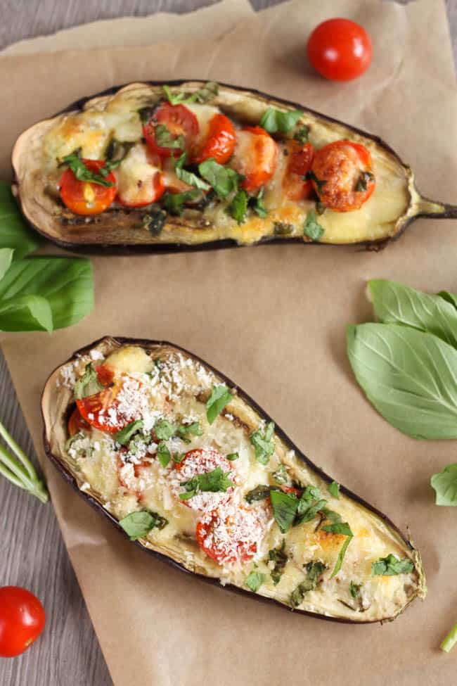 Caprese stuffed aubergines - these are so easy to make, and the meaty aubergine tastes so good with the juicy roasted tomatoes and chewy mozzarella!