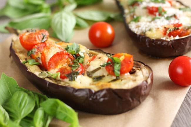 Caprese stuffed aubergines - these are so easy to make, and the meaty aubergine tastes so good with the juicy roasted tomatoes and chewy mozzarella!