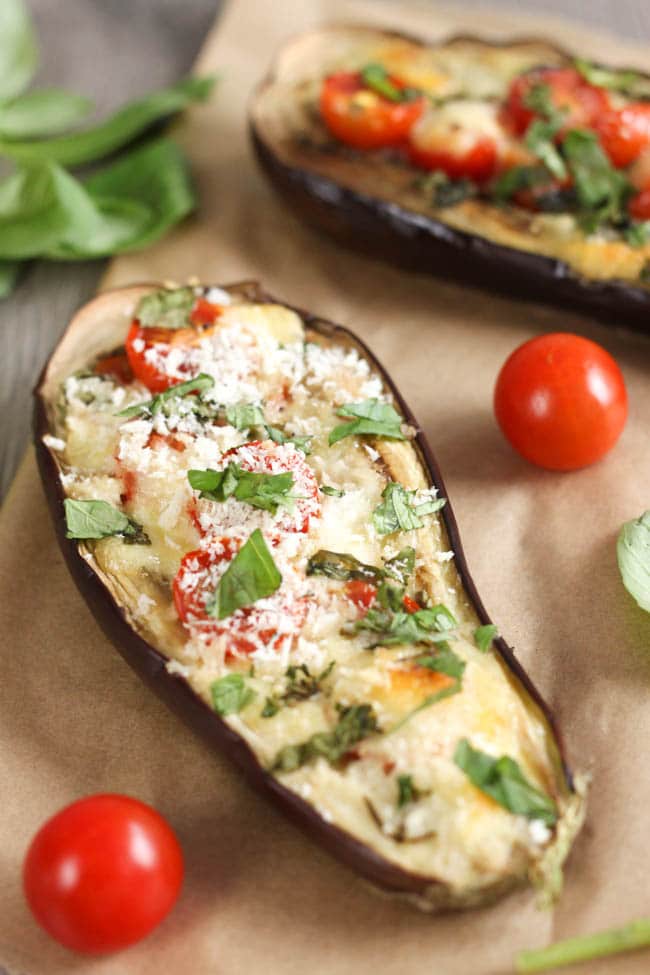 Caprese stuffed aubergines - these are so easy to make, and the meaty aubergine tastes so good with the juicy roasted tomatoes and chewy mozzarella!