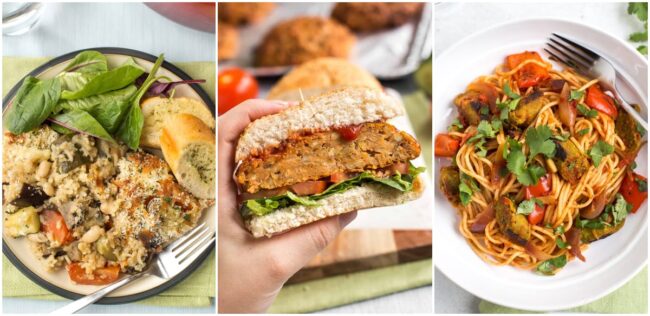 Collage showing vegetable casserole, cheesy lentil burgers, and sausage pasta.