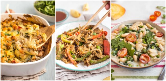 Collage showing chickpea bake, egg fu yung, and creamy white beans.