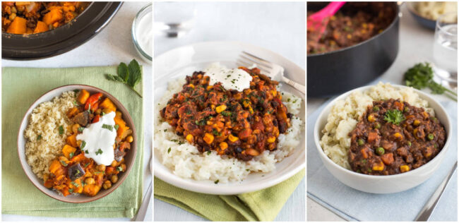 Collage showing chickpea tagine, halloumi chilli, and vegetarian savoury mince.
