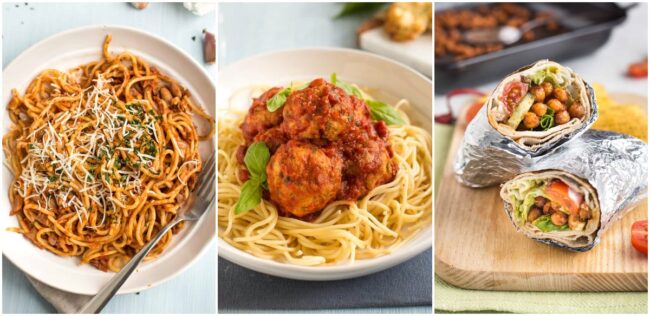 Collage showing bean bolognese, tofu meatballs, and chickpea wraps.