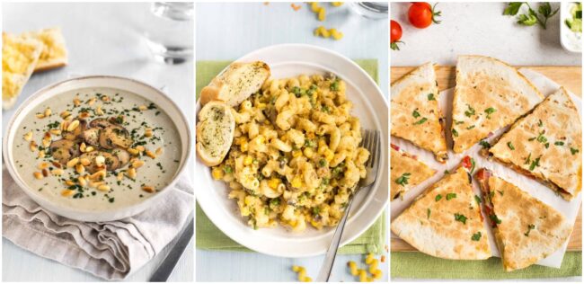 Collage showing vegan mushroom soup, cheesy lentil pasta, and Greek quesadillas.