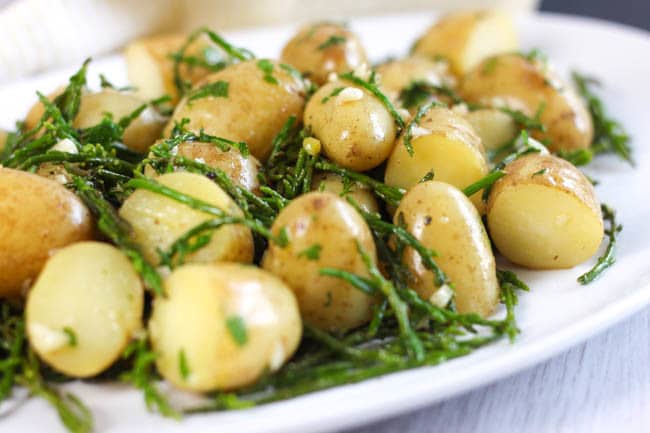 Hot and buttery samphire potato salad - salty, buttery, garlicky... the perfect potato salad!