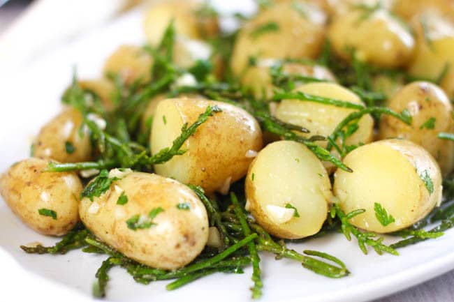 Hot and buttery samphire potato salad - salty, buttery, garlicky... the perfect potato salad!
