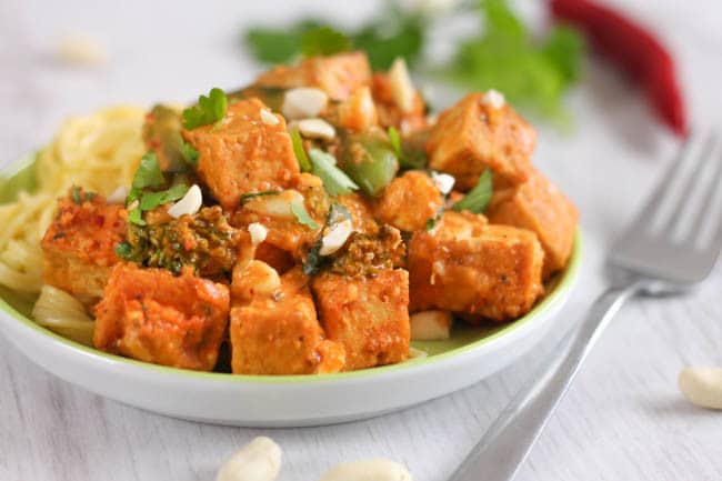 Red Thai satay tofu - this sauce is to die for! It's a cross between a spicy red Thai curry sauce and a creamy satay sauce made with peanut butter. Slather it on anything you like, I went for tofu!