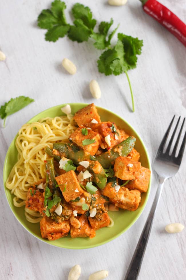 Red Thai satay tofu - this sauce is to die for! It's a cross between a spicy red Thai curry sauce and a creamy satay sauce made with peanut butter. Slather it on anything you like, I went for tofu!