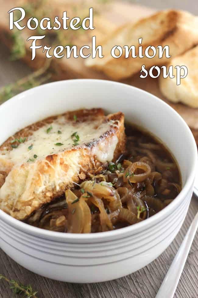 Roasted French onion soup - using roasted onions gives a really deep and intense flavour, it's so delicious. There's also a secret ingredient that brings it up another notch! The soup itself is vegan, but it's best served with a big cheesy crouton :)