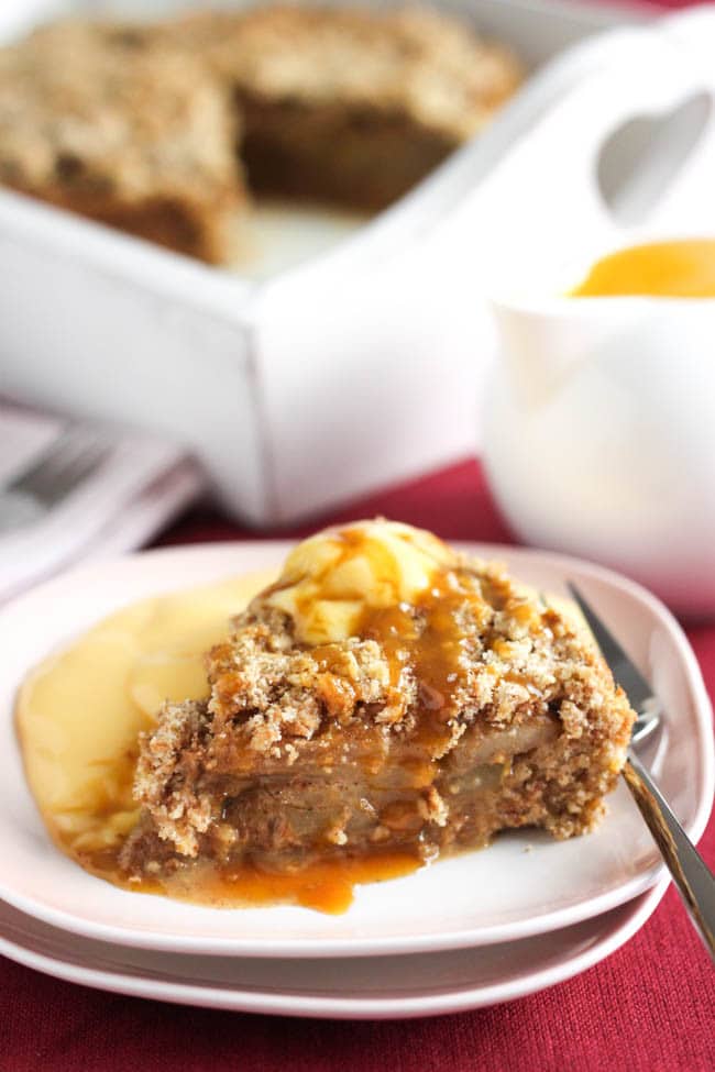 SUPER EASY caramel pear crumble cake - this cake is SOOO easy and tastes unbelievable! The crumble mixture can be pressed straight into the tin (no danger of it spilling out the bottom!), and just one mixture makes the cake underneath AND the crumbly topping, so there's no faff. This cake is impossible to mess up!