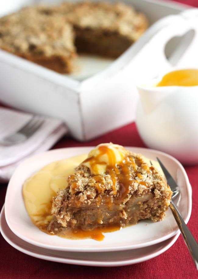 SUPER EASY caramel pear crumble cake - this cake is SOOO easy and tastes unbelievable! The crumble mixture can be pressed straight into the tin (no danger of it spilling out the bottom!), and just one mixture makes the cake underneath AND the crumbly topping, so there's no faff. This cake is impossible to mess up!