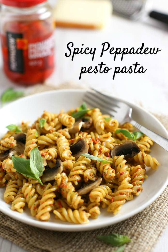 Spicy peppadew pesto pasta. Forget sun-dried tomato pesto - this spicy Peppadew pesto is sweeter, spicier, and all-round more tasty! It's also quick and easy to make (a 20 minute meal!), and totally vegan!