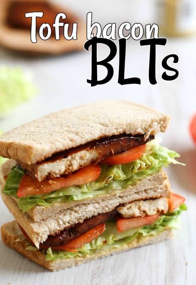 Tofu bacon BLTs - this tofu bacon is SO good! Smoky, spicy, sticky, sweet... and it's easy to make too! Perfect served in a classic BLT sandwich :) Tofu bacon is vegan and gluten-free.