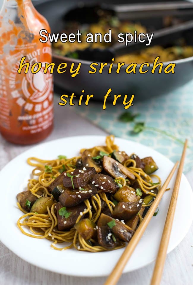 Sweet and spicy honey sriracha stir fry - it's sweet, it's spicy, it's salty, it's unbelievably delicious! Choose veggies that soak up the sauce, and serve with noodles or rice. Vegetarian, and easily made vegan!