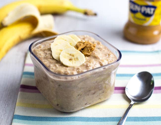 Banana and peanut butter overnight oats - just the thing for a busy morning! A couple of minutes' effort the night before, and you've got a grab-and-go breakfast for the next morning. They're super easy, they're super tasty, and they're healthy too! Vegetarian, vegan and gluten-free.