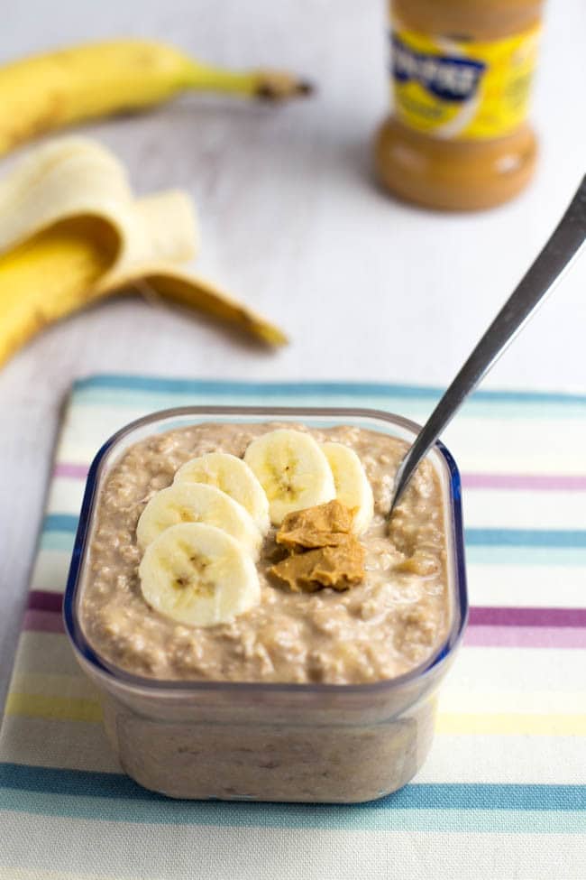 Banana and peanut butter overnight oats - just the thing for a busy morning! A couple of minutes' effort the night before, and you've got a grab-and-go breakfast for the next morning. They're super easy, they're super tasty, and they're healthy too! Vegetarian, vegan and gluten-free.