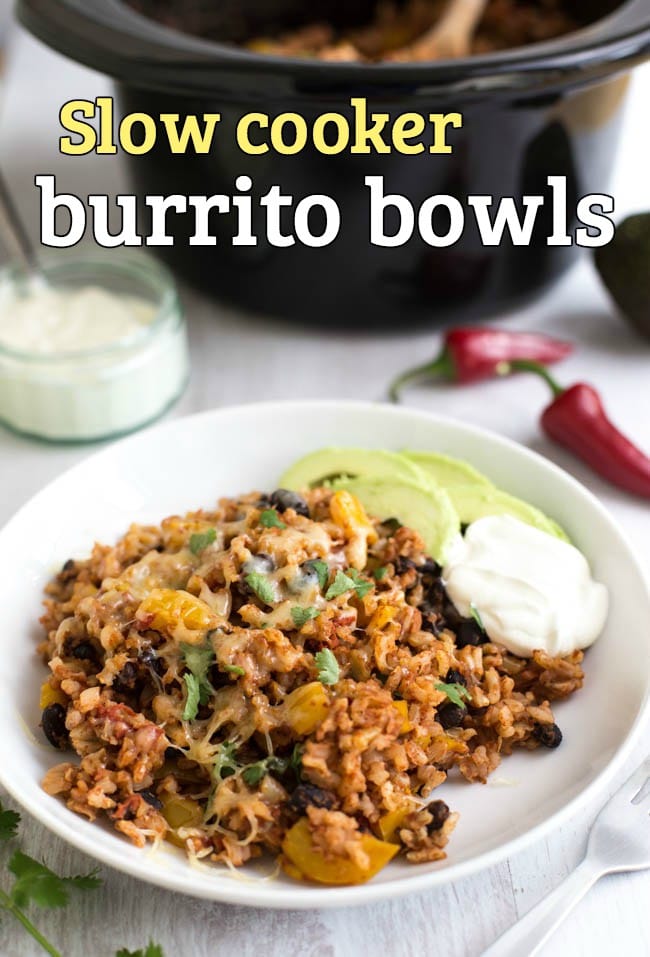 Slow cooker burrito bowls - SO easy! No pre-cooking required, just throw everything in and you've got a crazy delicious Mexican dinner! Vegetarian, vegan AND gluten-free!