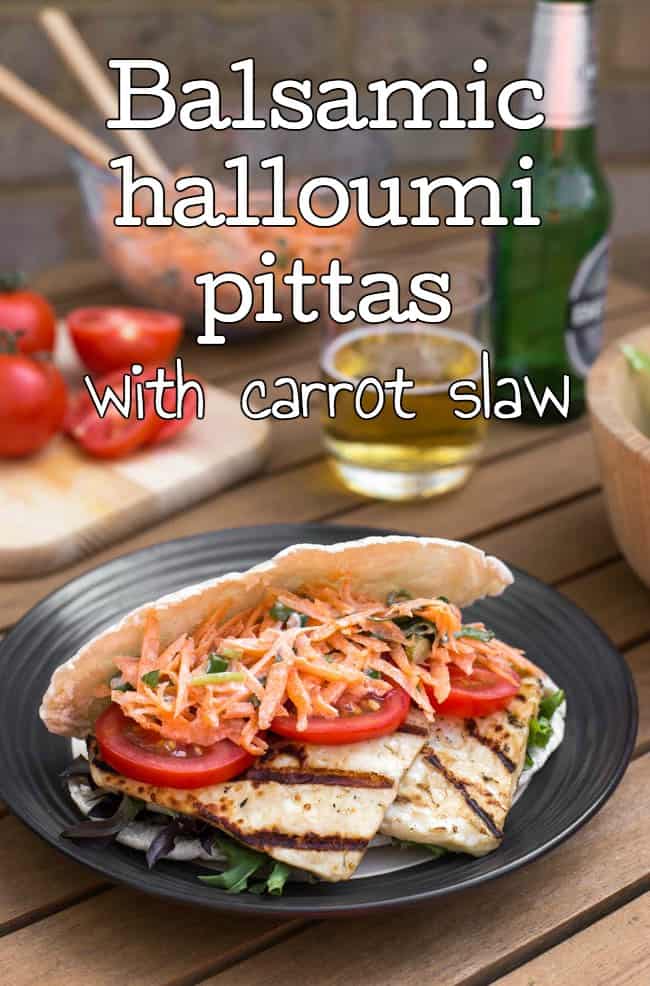Balsamic halloumi pittas with carrot slaw - cooked on the BBQ! Who says vegetarian barbecues are boring?!