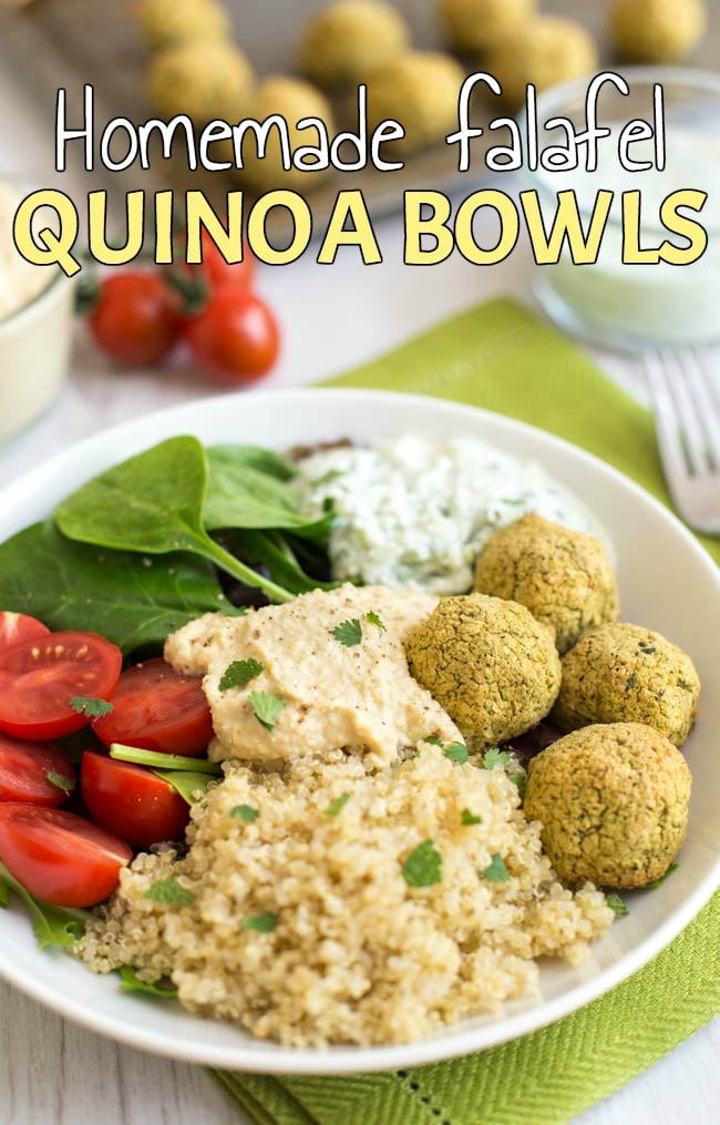 A falafel quinoa bowl topped with homemade hummus and vegetables.