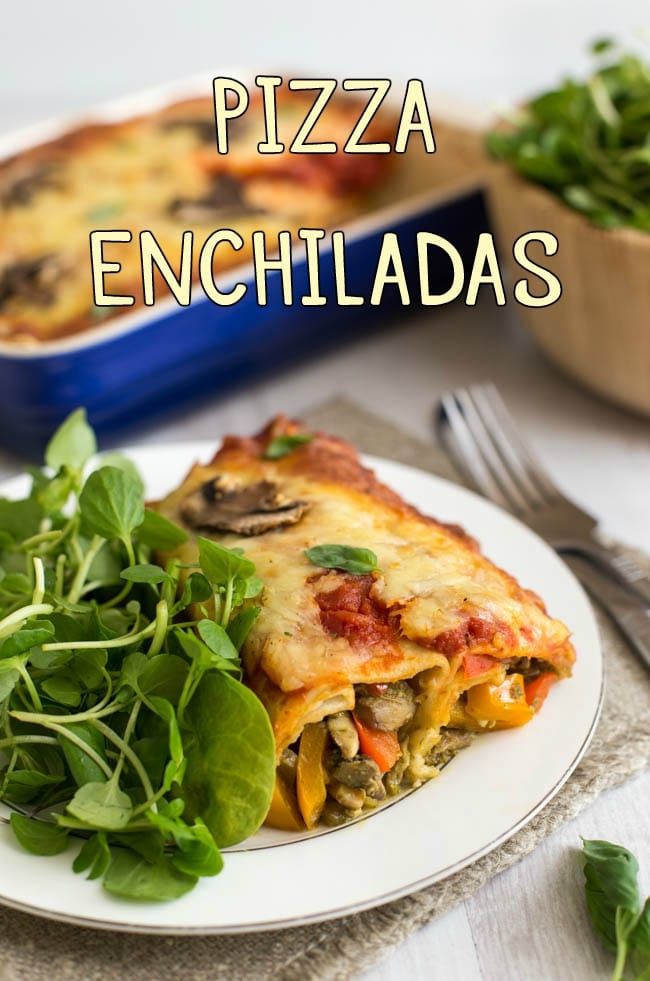 A portion of pizza enchiladas on a plate with spinach.