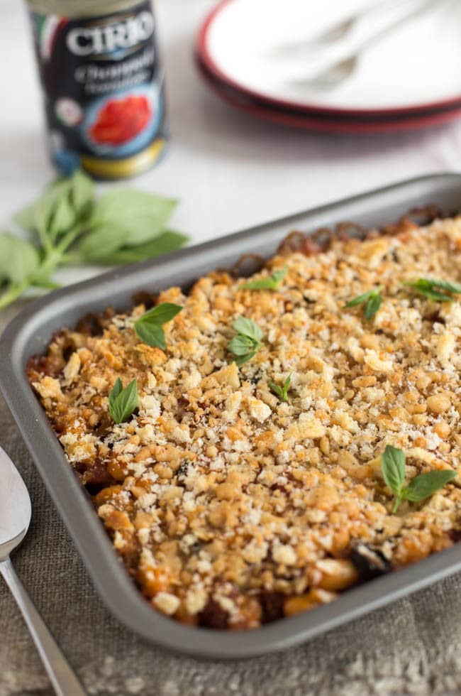 White bean gratin in a baking dish, with a crispy breadcrumb topping.
