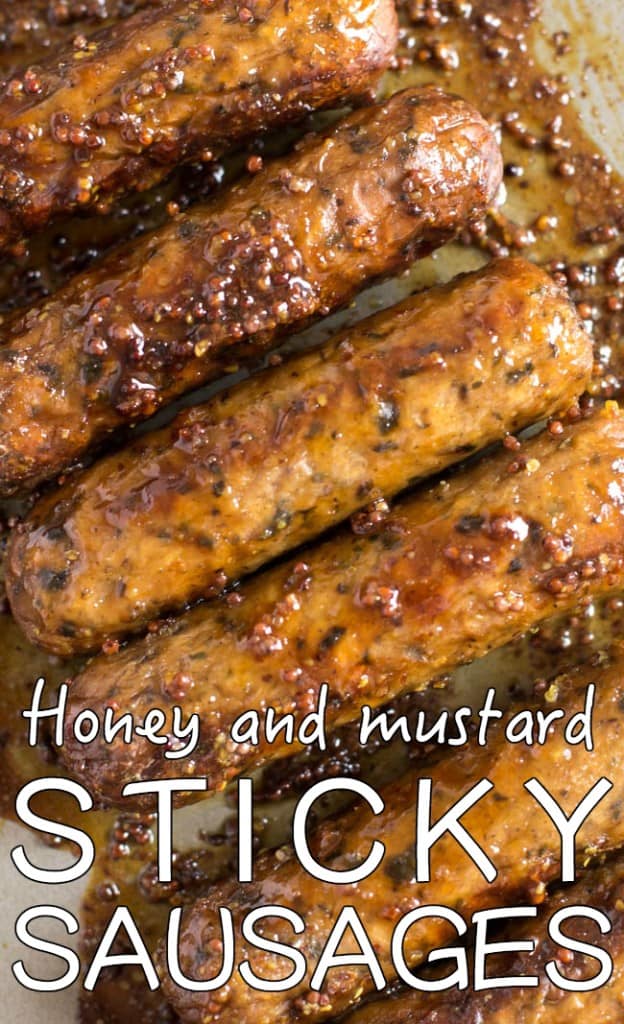Honey and mustard sticky sausages - these glazed vegetarian sausages are so sticky and full of flavour! A seriously easy way to take your sausages up a notch.