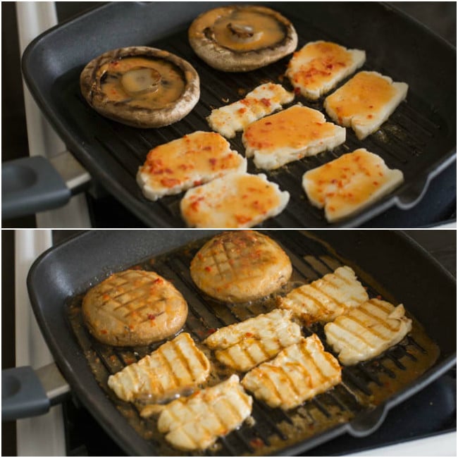 Collage showing portobello mushrooms and halloumi cheese cooking in a griddle pan with peri peri sauce.