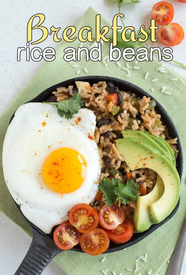 Breakfast rice and beans - my own take on a Costa Rican dish called pinto gallo! This delicious vegetarian recipe contains a complete protein, healthy fats and tons of veggies! The perfect way to start the day.