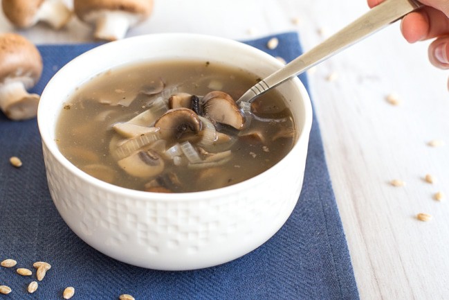 This light and healthy barley and mushroom soup is super low calorie - only 50 cals a bowl!