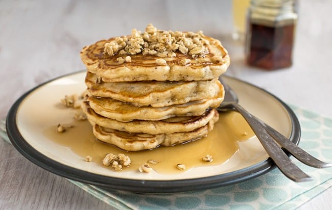Granola pancakes - with granola stirred right through the pancake batter! It makes these pancakes super hearty, and adds loads of flavour.