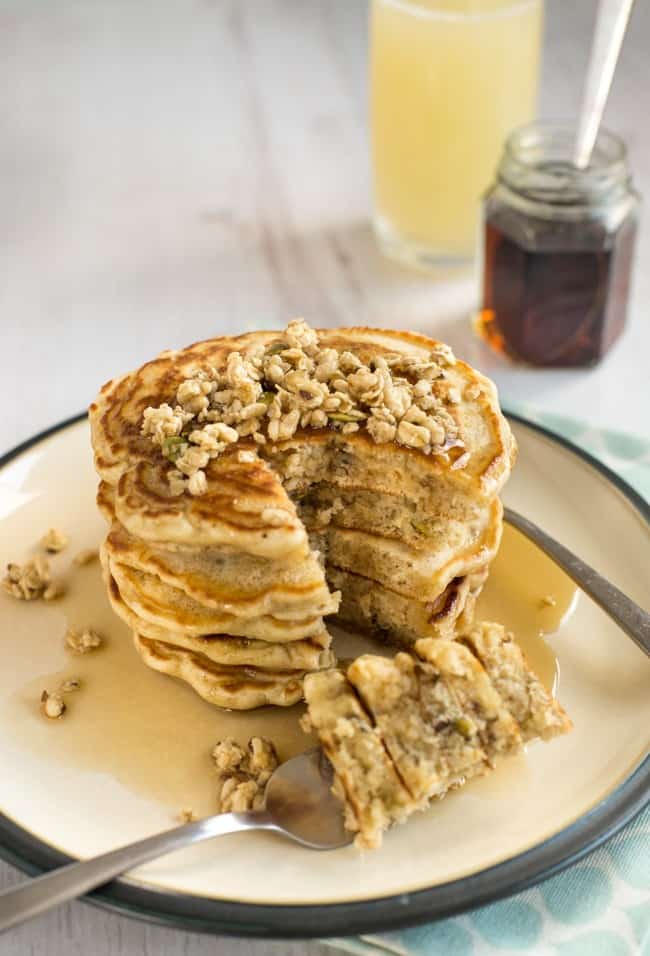 Granola pancakes - with granola stirred right through the pancake batter! It makes these pancakes super hearty, and adds loads of flavour.