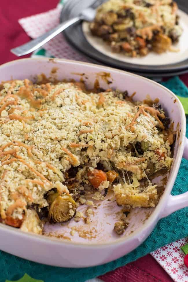 This vegetarian Christmas crumble may not be much of a looker, but it tastes super festive, and is a great way to use up your Christmas leftovers!
