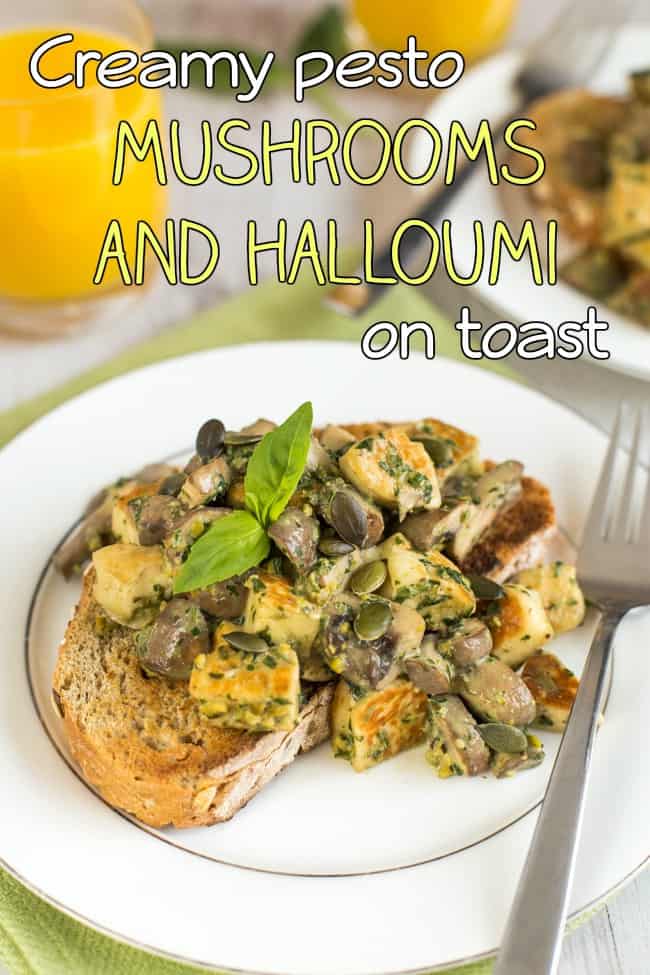Creamy pesto mushrooms and halloumi on toast - quick and easy to make, and sooo yummy! The perfect vegetarian brunch.