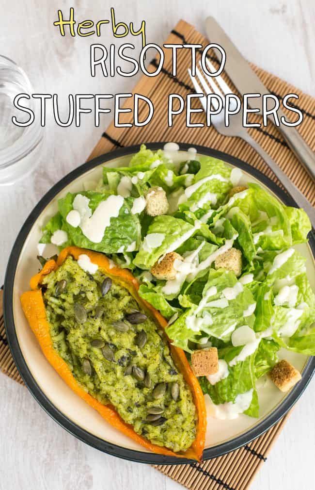 Herby risotto stuffed peppers - a tasty way to serve a simple spinach and basil risotto! Brilliant for a vegetarian lunch or dinner.