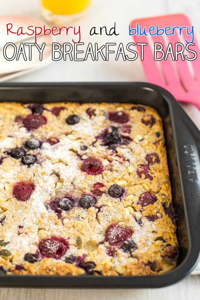 Raspberry and blueberry oaty breakfast bars - an easy make-ahead breakfast to prepare on Sunday night and have ready through the week! Almost 9 grams of protein per bar!