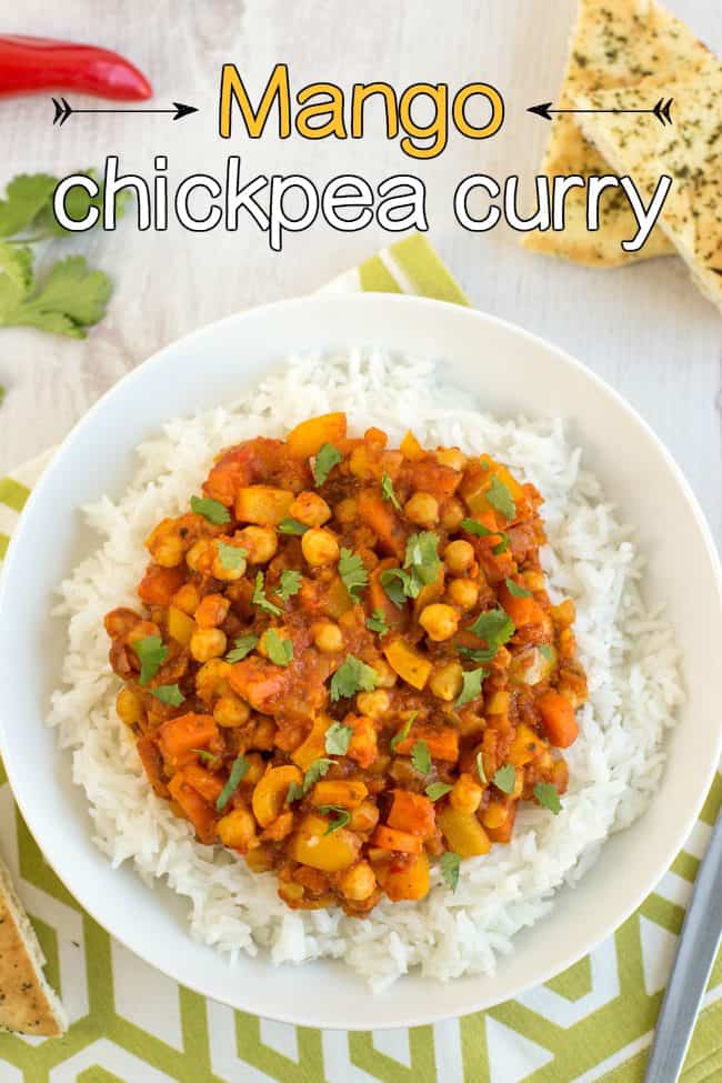 Mango chickpea curry - this easy vegan curry has fresh mango blended right into the sauce, which gives a beautiful fruity sweetness! Vegetarian, vegan, gluten-free.