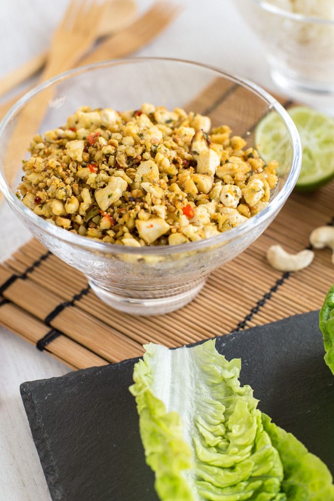 Nutty tofu lettuce wraps with rice and creamy peanut sauce - super light and healthy, and so delicious! Vegan, vegetarian, gluten-free.