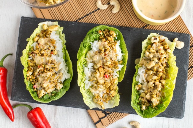 Tofu lettuce wraps with rice and nuts.